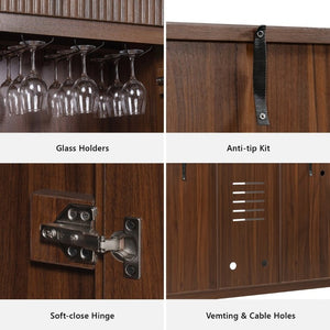 English Elm K&k Fluted Bar Cabinet with Stemware Racks Charging Station and Tilt-Out Storage Walnut Brown N707S508912Z