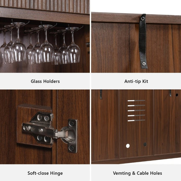 English Elm K&k Fluted Bar Cabinet with Stemware Racks Charging Station and Tilt-Out Storage Walnut Brown N707S508912Z