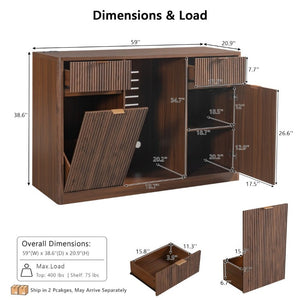 English Elm K&k Fluted Bar Cabinet with Stemware Racks Charging Station and Tilt-Out Storage Walnut Brown N707S508912Z