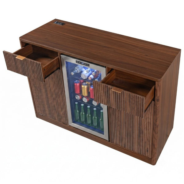 English Elm K&k Fluted Bar Cabinet with Stemware Racks Charging Station and Tilt-Out Storage Walnut Brown N707S508912Z
