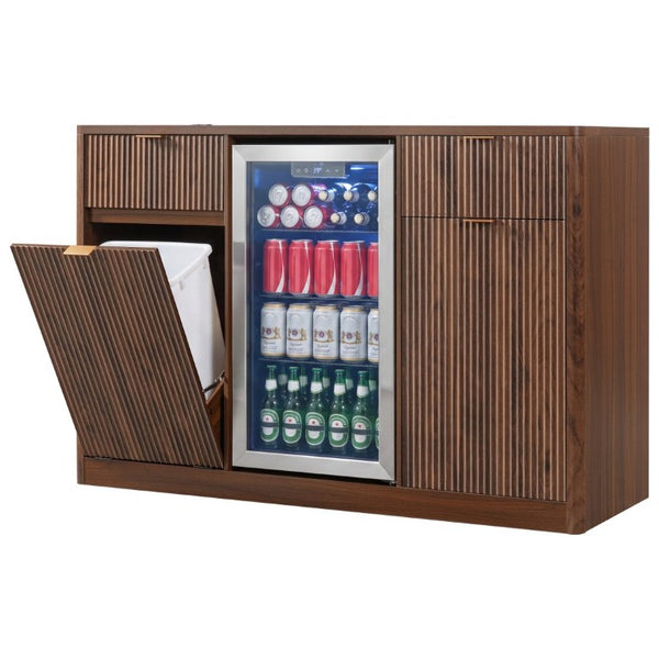 English Elm K&k Fluted Bar Cabinet with Stemware Racks Charging Station and Tilt-Out Storage Walnut Brown N707S508912Z