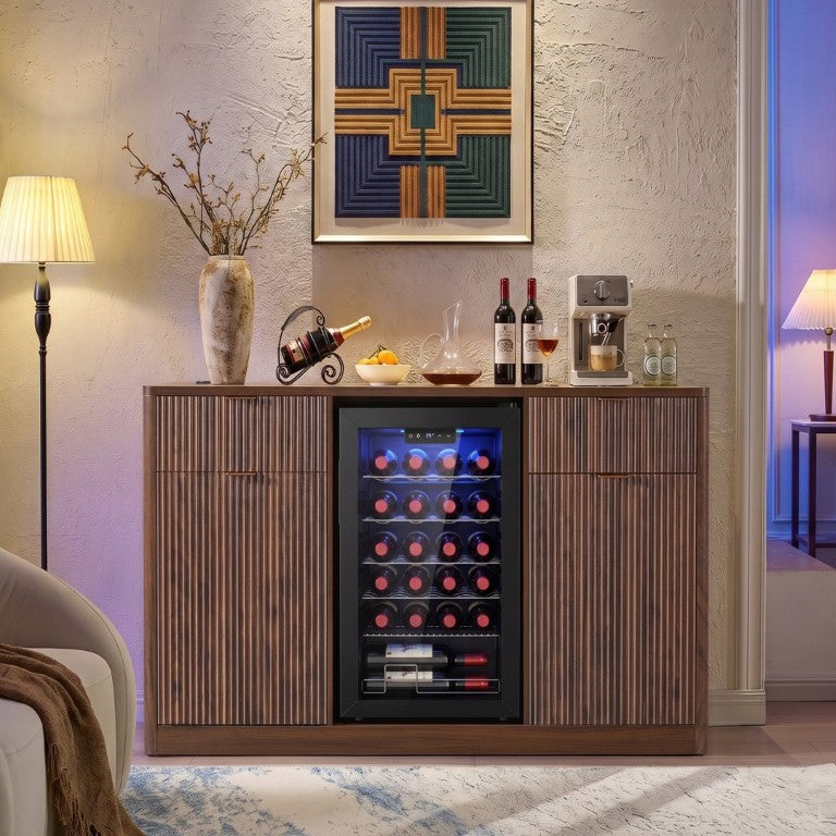 English Elm K&k Fluted Bar Cabinet with Stemware Racks Charging Station and Tilt-Out Storage Walnut Brown N707S508912Z