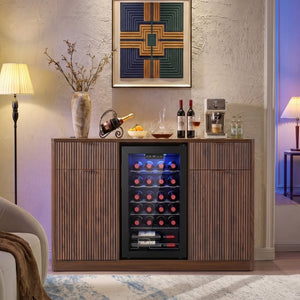 English Elm K&k Fluted Bar Cabinet with Stemware Racks Charging Station and Tilt-Out Storage Walnut Brown N707S508912Z