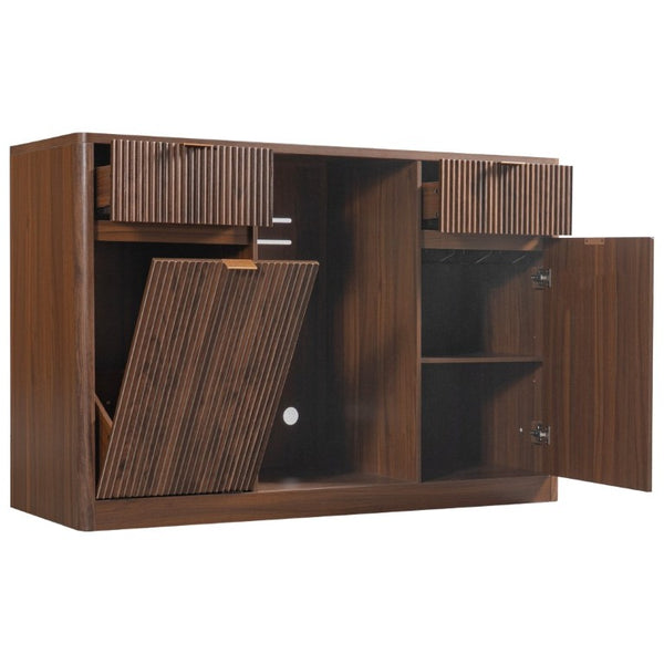 English Elm K&k Fluted Bar Cabinet with Stemware Racks Charging Station and Tilt-Out Storage Walnut Brown N707S508912Z