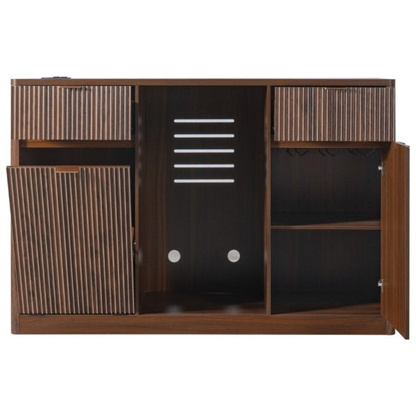 English Elm K&k Fluted Bar Cabinet with Stemware Racks Charging Station and Tilt-Out Storage Walnut Brown N707S508912Z