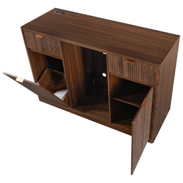 English Elm K&k Fluted Bar Cabinet with Stemware Racks Charging Station and Tilt-Out Storage Walnut Brown N707S508912Z
