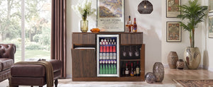 English Elm K&k Fluted Bar Cabinet with Stemware Racks Charging Station and Tilt-Out Storage Walnut Brown N707S508912Z