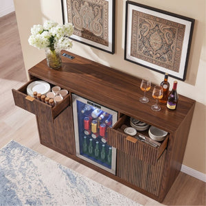 English Elm K&k Fluted Bar Cabinet with Stemware Racks Charging Station and Tilt-Out Storage Walnut Brown N707S508912Z