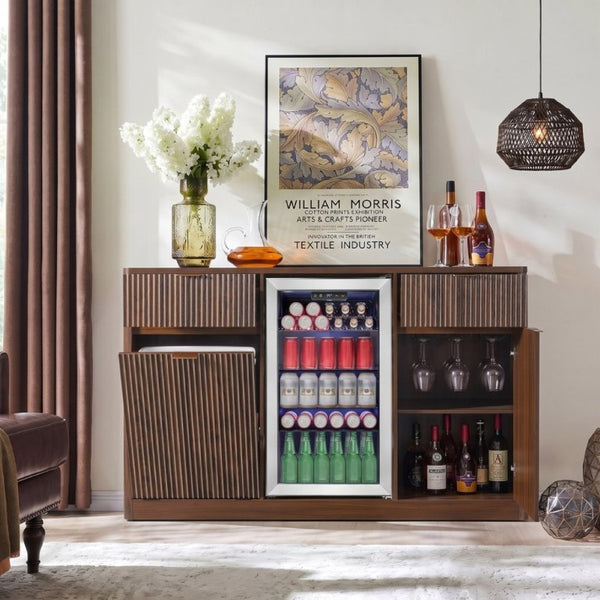 English Elm K&k Fluted Bar Cabinet with Stemware Racks Charging Station and Tilt-Out Storage Walnut Brown N707S508912Z