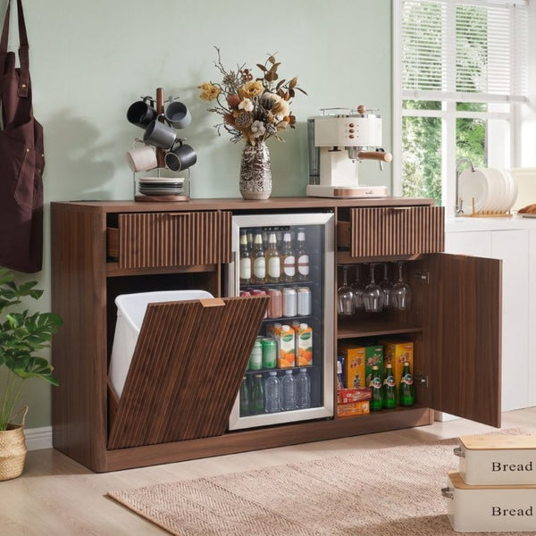 English Elm K&k Fluted Bar Cabinet with Stemware Racks Charging Station and Tilt-Out Storage Walnut Brown N707S508912Z