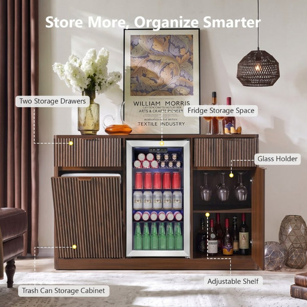 English Elm K&k Fluted Bar Cabinet with Stemware Racks Charging Station and Tilt-Out Storage Walnut Brown N707S508912Z