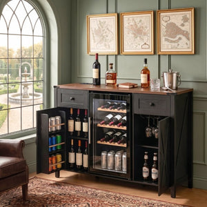 English Elm K&k Farmhouse Buffet Sideboard with Fluted Doors Built-In Power Hub and Fridge Space Black N707S508915B