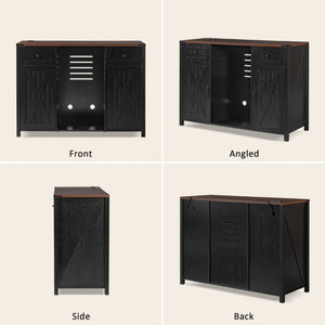 English Elm K&k Farmhouse Buffet Sideboard with Fluted Doors Built-In Power Hub and Fridge Space Black N707S508915B