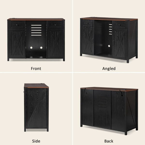 English Elm K&k Farmhouse Buffet Sideboard with Fluted Doors Built-In Power Hub and Fridge Space Black N707S508915B