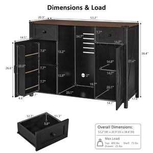 English Elm K&k Farmhouse Buffet Sideboard with Fluted Doors Built-In Power Hub and Fridge Space Black N707S508915B