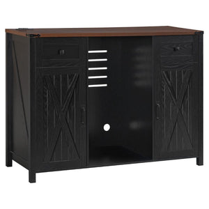 English Elm K&k Farmhouse Buffet Sideboard with Fluted Doors Built-In Power Hub and Fridge Space Black N707S508915B