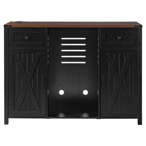 English Elm K&k Farmhouse Buffet Sideboard with Fluted Doors Built-In Power Hub and Fridge Space Black N707S508915B