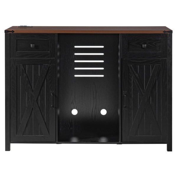 English Elm K&k Farmhouse Buffet Sideboard with Fluted Doors Built-In Power Hub and Fridge Space Black N707S508915B
