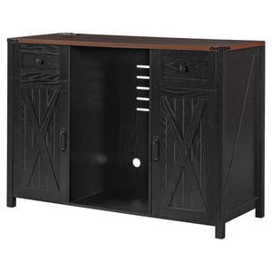 English Elm K&k Farmhouse Buffet Sideboard with Fluted Doors Built-In Power Hub and Fridge Space Black N707S508915B
