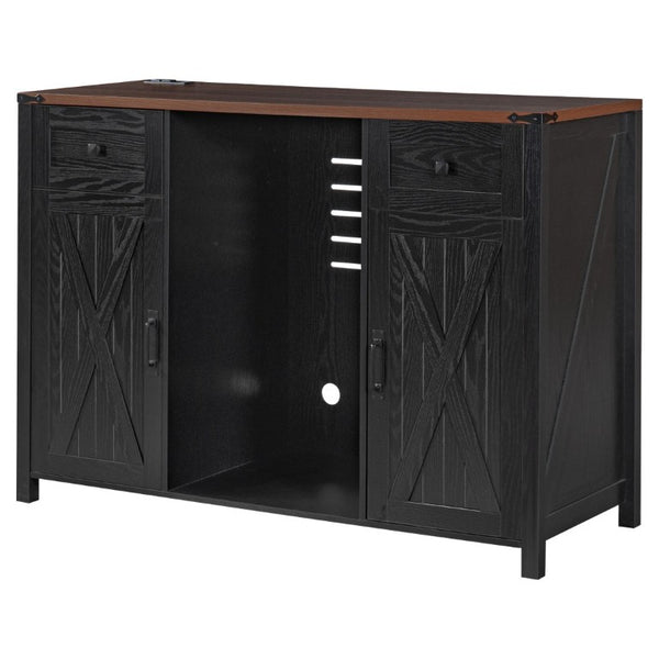 English Elm K&k Farmhouse Buffet Sideboard with Fluted Doors Built-In Power Hub and Fridge Space Black N707S508915B