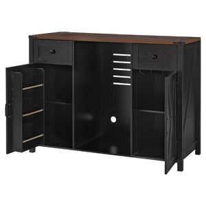 English Elm K&k Farmhouse Buffet Sideboard with Fluted Doors Built-In Power Hub and Fridge Space Black N707S508915B