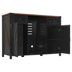 English Elm K&k Farmhouse Buffet Sideboard with Fluted Doors Built-In Power Hub and Fridge Space Black N707S508915B