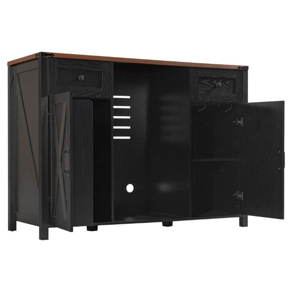 English Elm K&k Farmhouse Buffet Sideboard with Fluted Doors Built-In Power Hub and Fridge Space Black N707S508915B