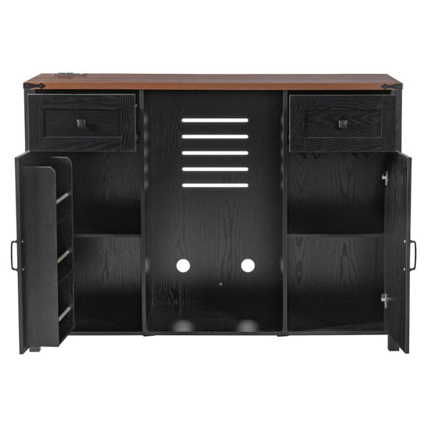 English Elm K&k Farmhouse Buffet Sideboard with Fluted Doors Built-In Power Hub and Fridge Space Black N707S508915B