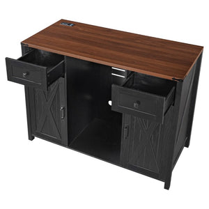 English Elm K&k Farmhouse Buffet Sideboard with Fluted Doors Built-In Power Hub and Fridge Space Black N707S508915B