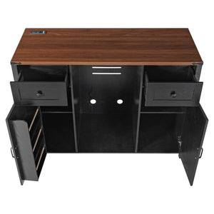 English Elm K&k Farmhouse Buffet Sideboard with Fluted Doors Built-In Power Hub and Fridge Space Black N707S508915B