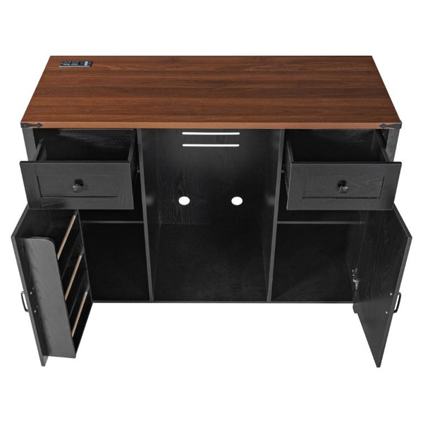English Elm K&k Farmhouse Buffet Sideboard with Fluted Doors Built-In Power Hub and Fridge Space Black N707S508915B
