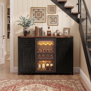 English Elm K&k Farmhouse Buffet Sideboard with Fluted Doors Built-In Power Hub and Fridge Space Black N707S508915B
