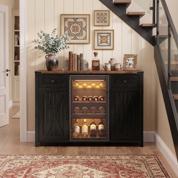 English Elm K&k Farmhouse Buffet Sideboard with Fluted Doors Built-In Power Hub and Fridge Space Black N707S508915B