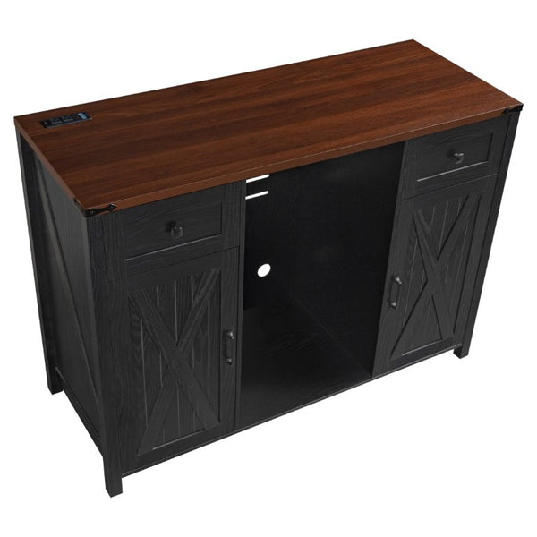 English Elm K&k Farmhouse Buffet Sideboard with Fluted Doors Built-In Power Hub and Fridge Space Black N707S508915B