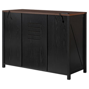 English Elm K&k Farmhouse Buffet Sideboard with Fluted Doors Built-In Power Hub and Fridge Space Black N707S508915B