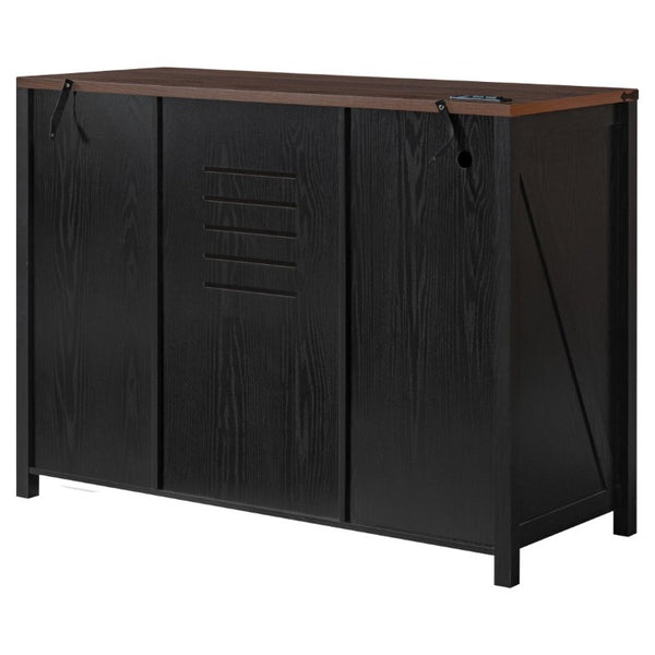 English Elm K&k Farmhouse Buffet Sideboard with Fluted Doors Built-In Power Hub and Fridge Space Black N707S508915B