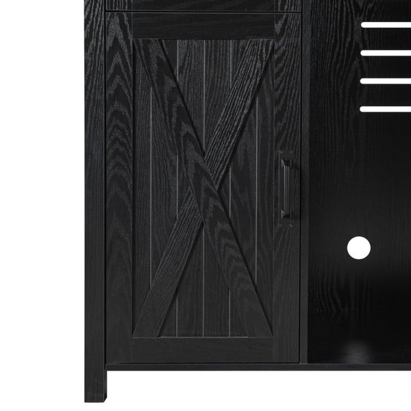 English Elm K&k Farmhouse Buffet Sideboard with Fluted Doors Built-In Power Hub and Fridge Space Black N707S508915B