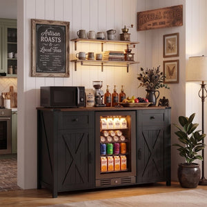English Elm K&k Farmhouse Buffet Sideboard with Fluted Doors Built-In Power Hub and Fridge Space Black N707S508915B