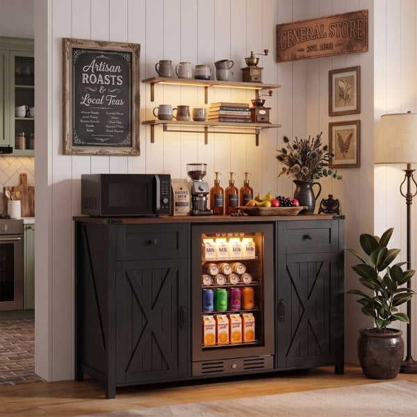English Elm K&k Farmhouse Buffet Sideboard with Fluted Doors Built-In Power Hub and Fridge Space Black N707S508915B
