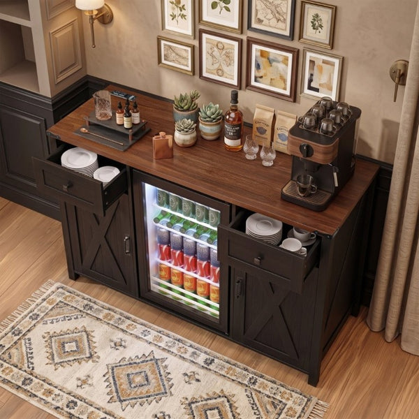 English Elm K&k Farmhouse Buffet Sideboard with Fluted Doors Built-In Power Hub and Fridge Space Black N707S508915B