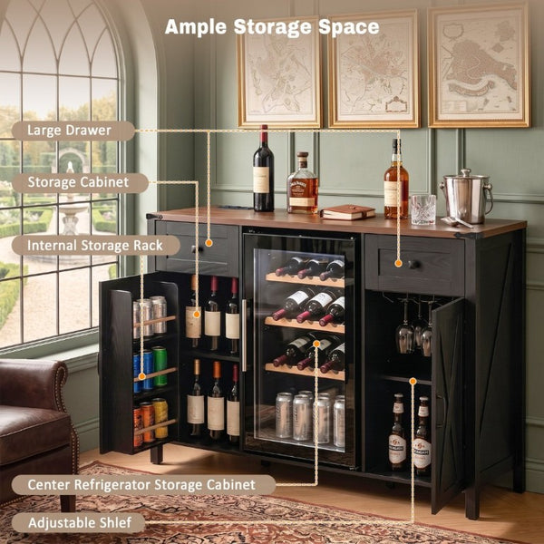 English Elm K&k Farmhouse Buffet Sideboard with Fluted Doors Built-In Power Hub and Fridge Space Black N707S508915B