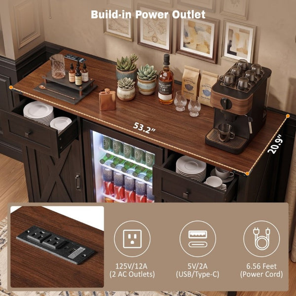 English Elm K&k Farmhouse Buffet Sideboard with Fluted Doors Built-In Power Hub and Fridge Space Black N707S508915B