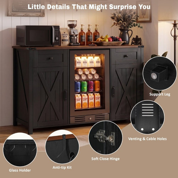 English Elm K&k Farmhouse Buffet Sideboard with Fluted Doors Built-In Power Hub and Fridge Space Black N707S508915B