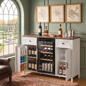 English Elm K&k Farmhouse Buffet Sideboard with Fluted Doors Built-In Power Hub and Fridge Space White N707S508915W
