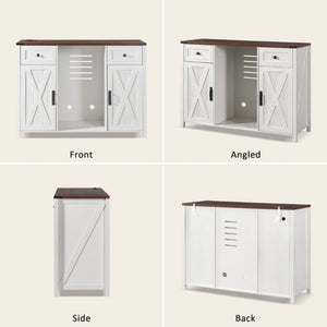 English Elm K&k Farmhouse Buffet Sideboard with Fluted Doors Built-In Power Hub and Fridge Space White N707S508915W