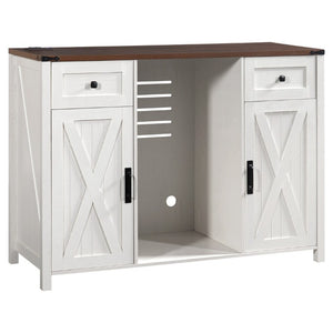 English Elm K&k Farmhouse Buffet Sideboard with Fluted Doors Built-In Power Hub and Fridge Space White N707S508915W