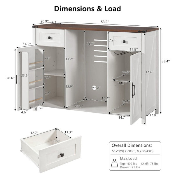 English Elm K&k Farmhouse Buffet Sideboard with Fluted Doors Built-In Power Hub and Fridge Space White N707S508915W