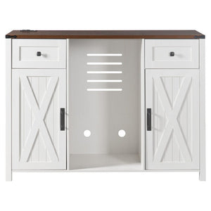 English Elm K&k Farmhouse Buffet Sideboard with Fluted Doors Built-In Power Hub and Fridge Space White N707S508915W