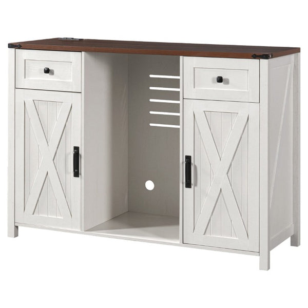 English Elm K&k Farmhouse Buffet Sideboard with Fluted Doors Built-In Power Hub and Fridge Space White N707S508915W