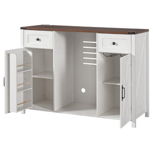 English Elm K&k Farmhouse Buffet Sideboard with Fluted Doors Built-In Power Hub and Fridge Space White N707S508915W